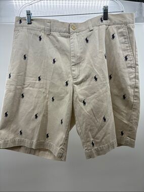 Polo by Ralph Lauren Beige Flat-Front Shorts with Navy Pony Embroidery
